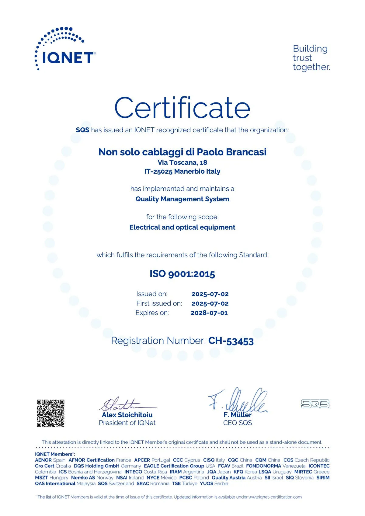 ISO 9001:2015 certificate no. 53453 issued by SQS to Non Solo Cablaggi di Paolo Brancasi