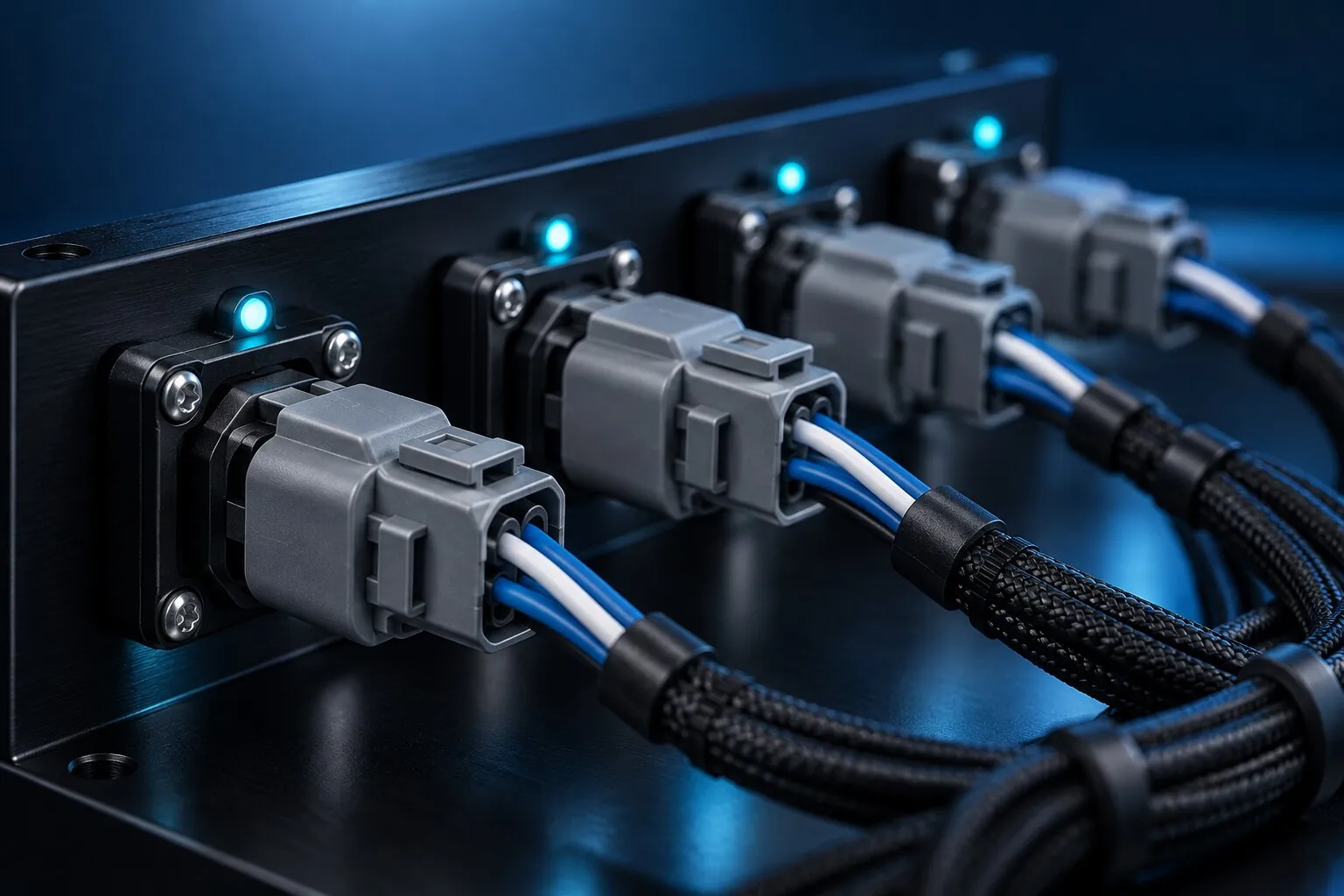 Connettori collegati a una tavola di collaudo con le spie accese
