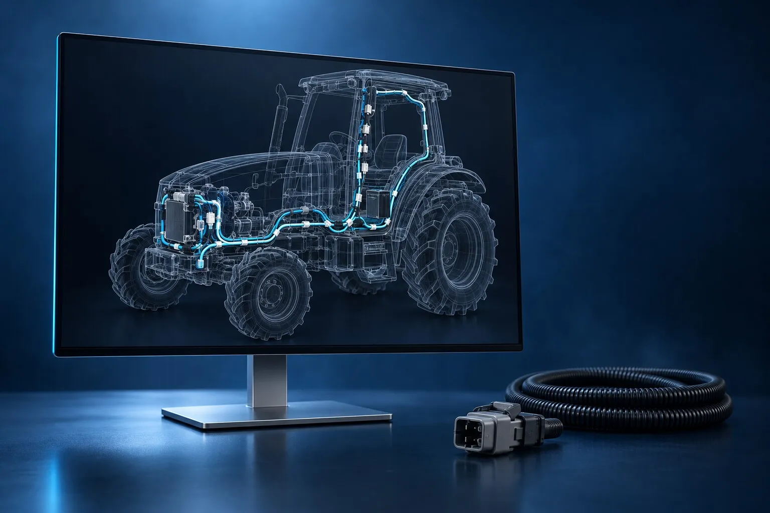 Monitor con il modello 3D del cablaggio dentro il telaio di un trattore