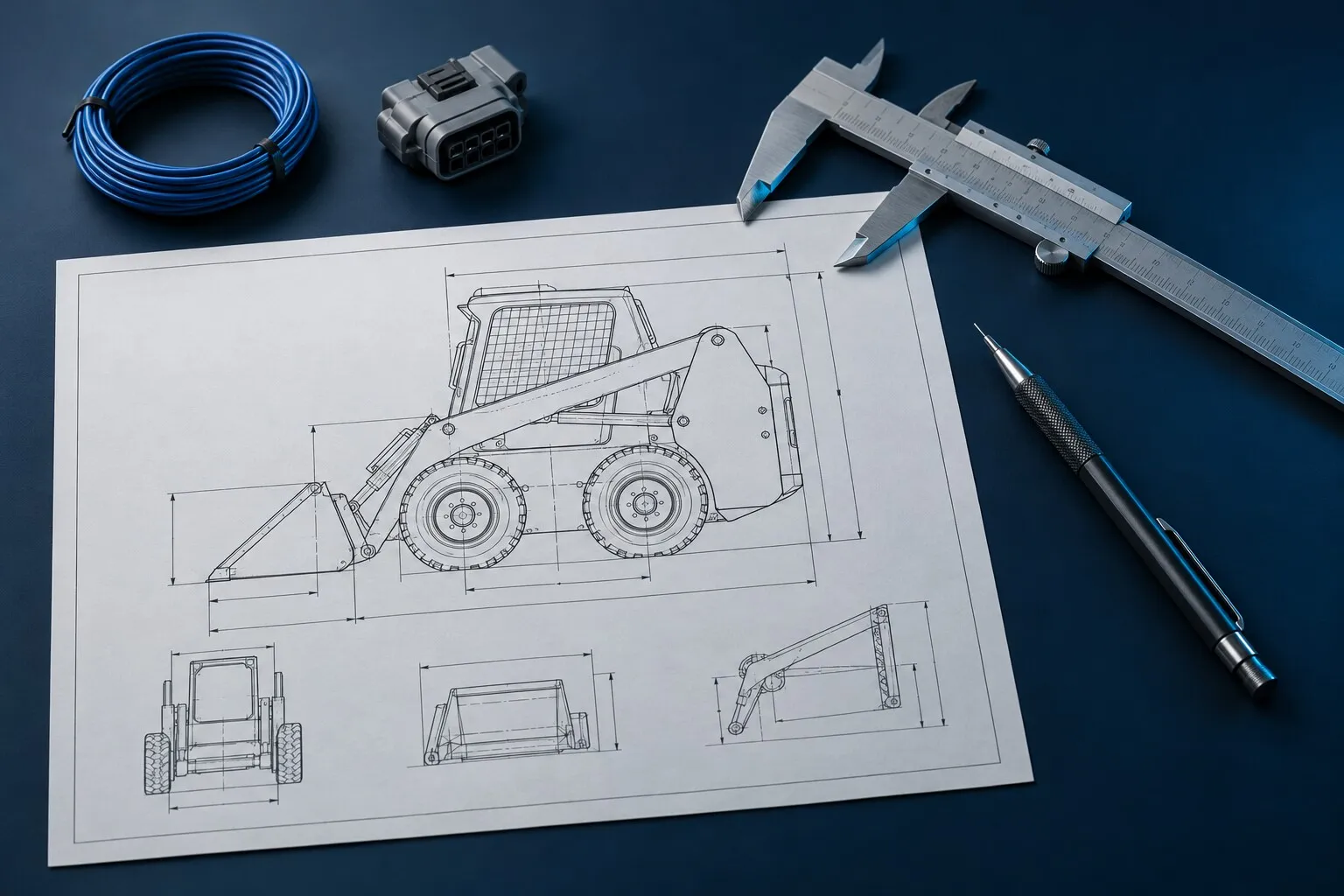 Disegno tecnico di una macchina compatta con calibro, matita e un connettore