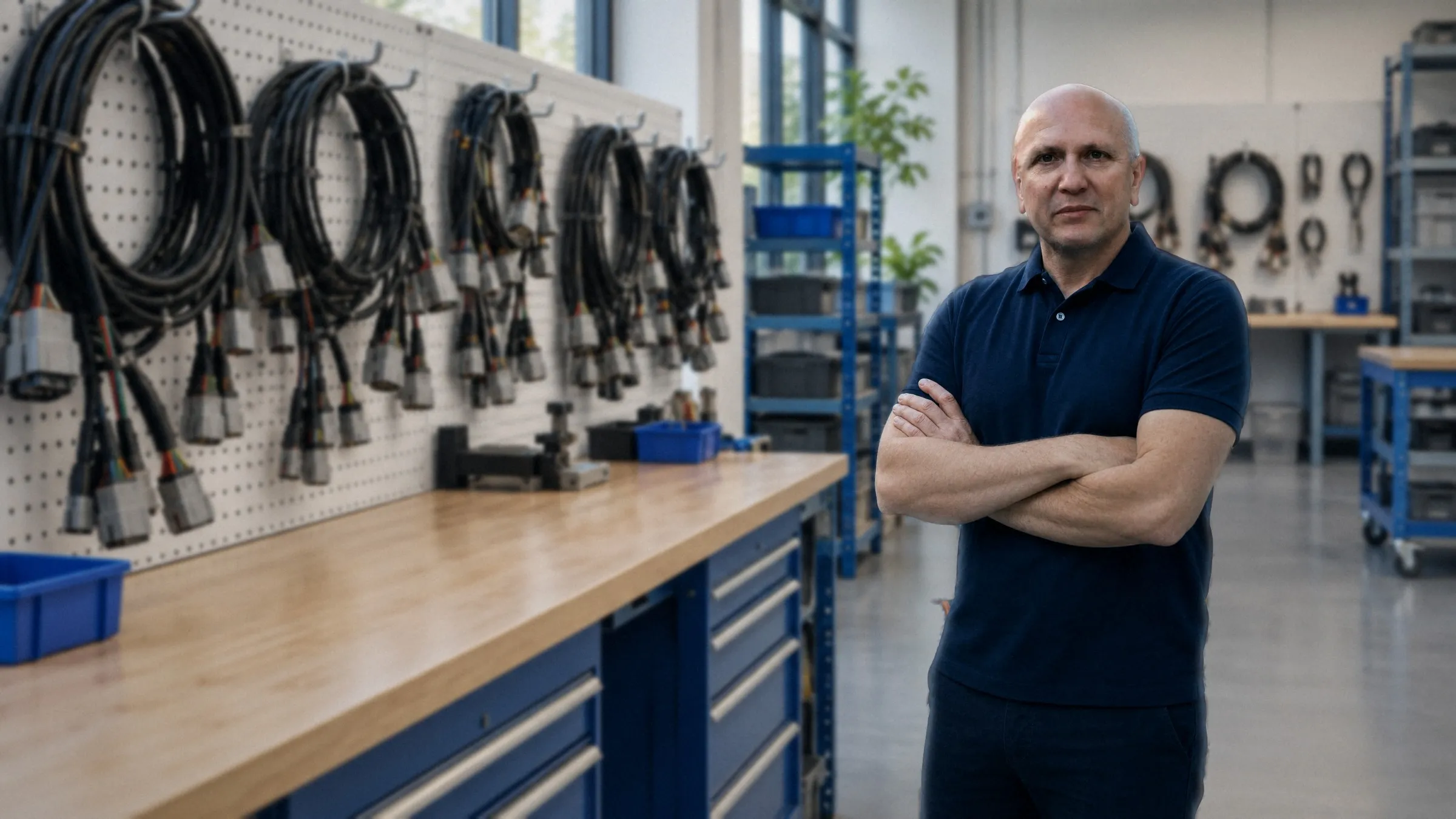 Paolo Brancasi, fondatore e titolare, nell’officina con i cablaggi alle spalle