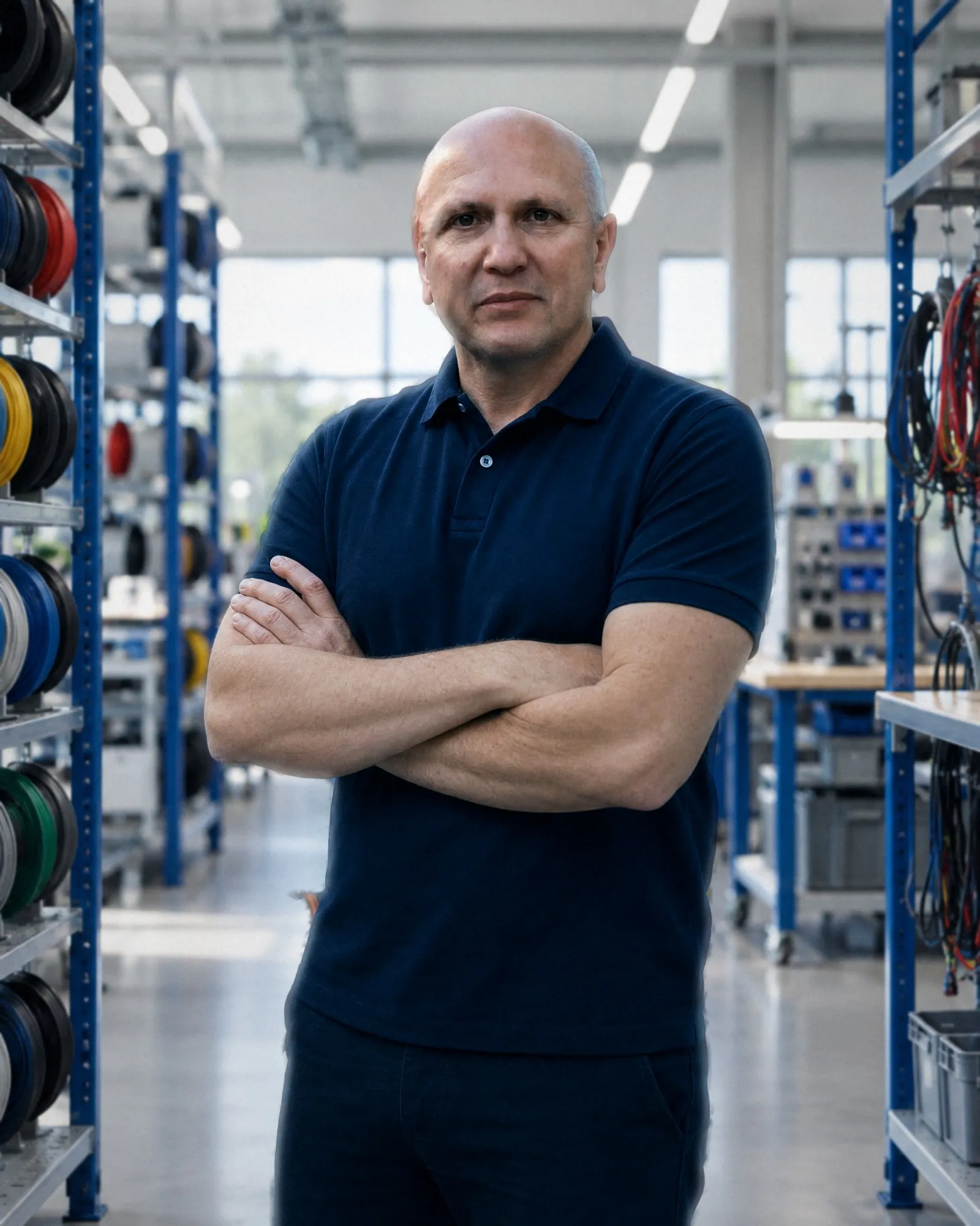 Paolo Brancasi, fondatore e titolare di NonSoloCablaggi, a braccia conserte in officina