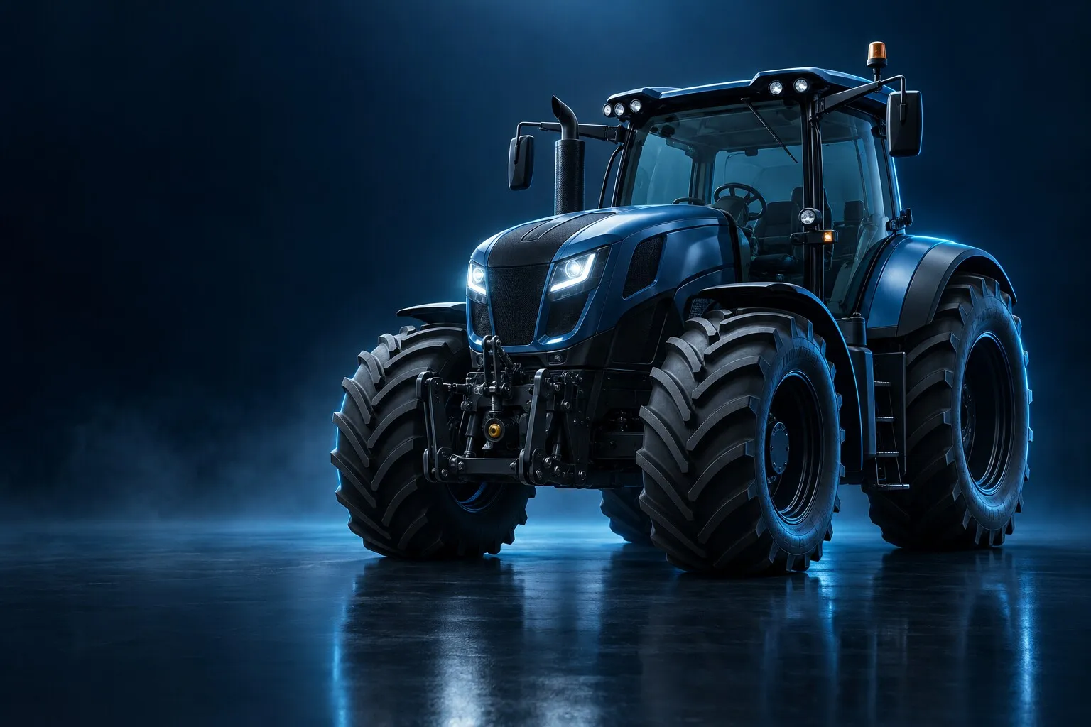Trattore agricolo con i fari accesi