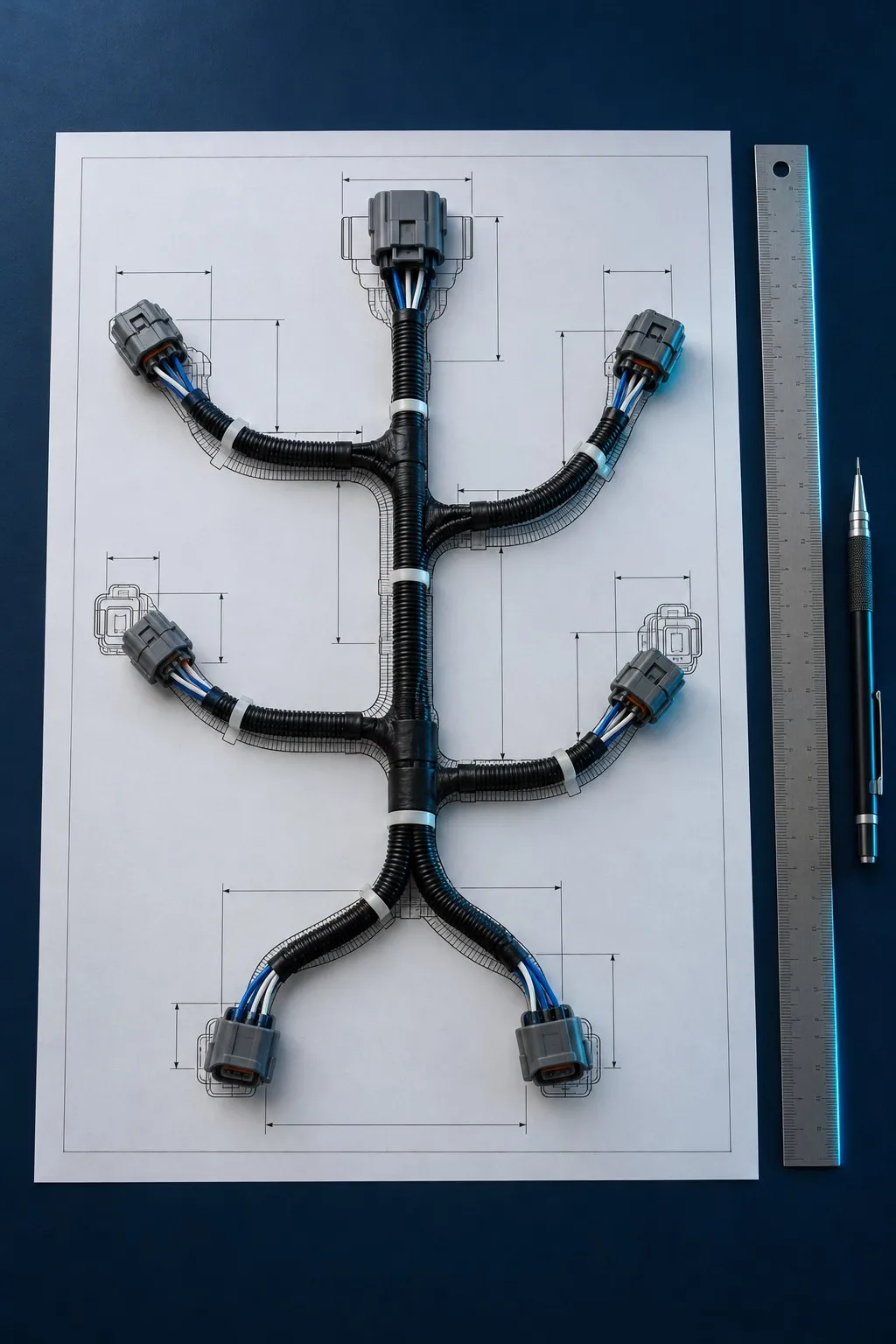 Disegno tecnico del layout di un cablaggio con il cablaggio finito appoggiato sopra