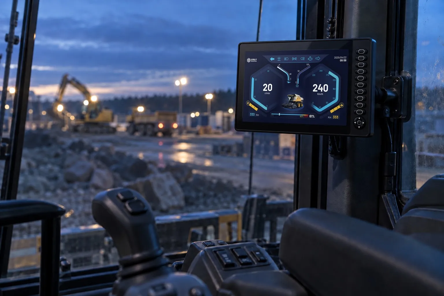 Cabina di una macchina operatrice al tramonto, con un display SonnePower SPD-121-H1x da 12,1″ montato sul montante