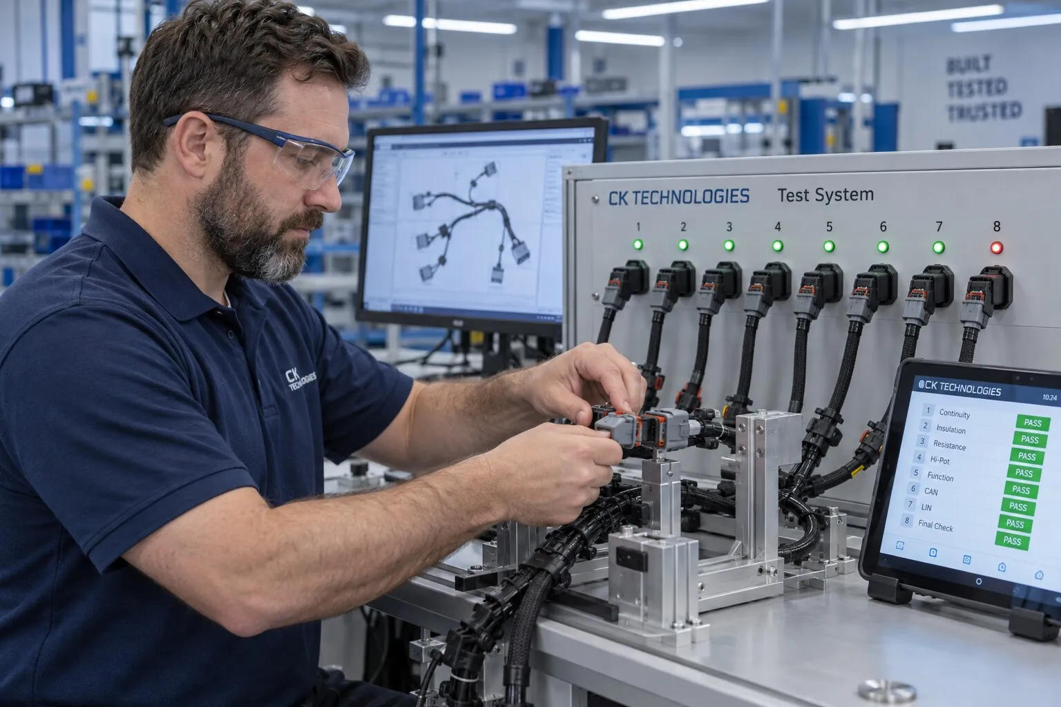 Tecnico che collega un connettore sul banco di collaudo CK Technologies; il tablet mostra l’esito PASS di tutte le prove